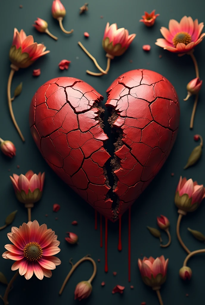 Broken and bleeding heart, around withered flowers 