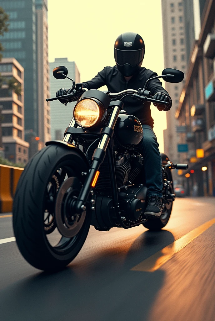 image of a biker at a low angle, riding a 160cc motorcycle, in the background buildings of a city.