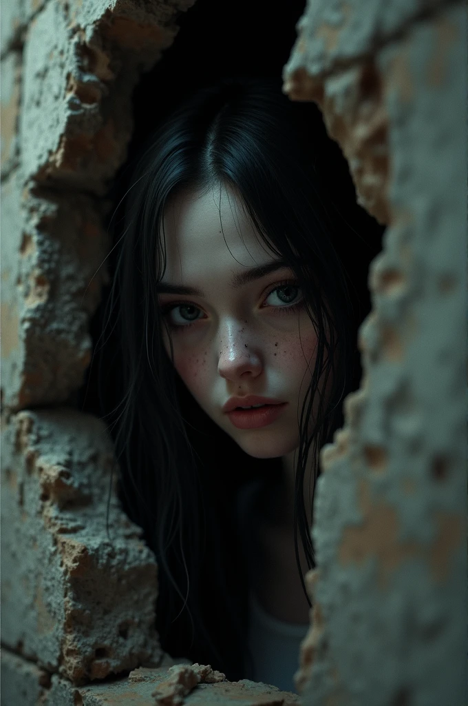 Emili rose peeking through a crack in the wall realistic horror atmosphere
