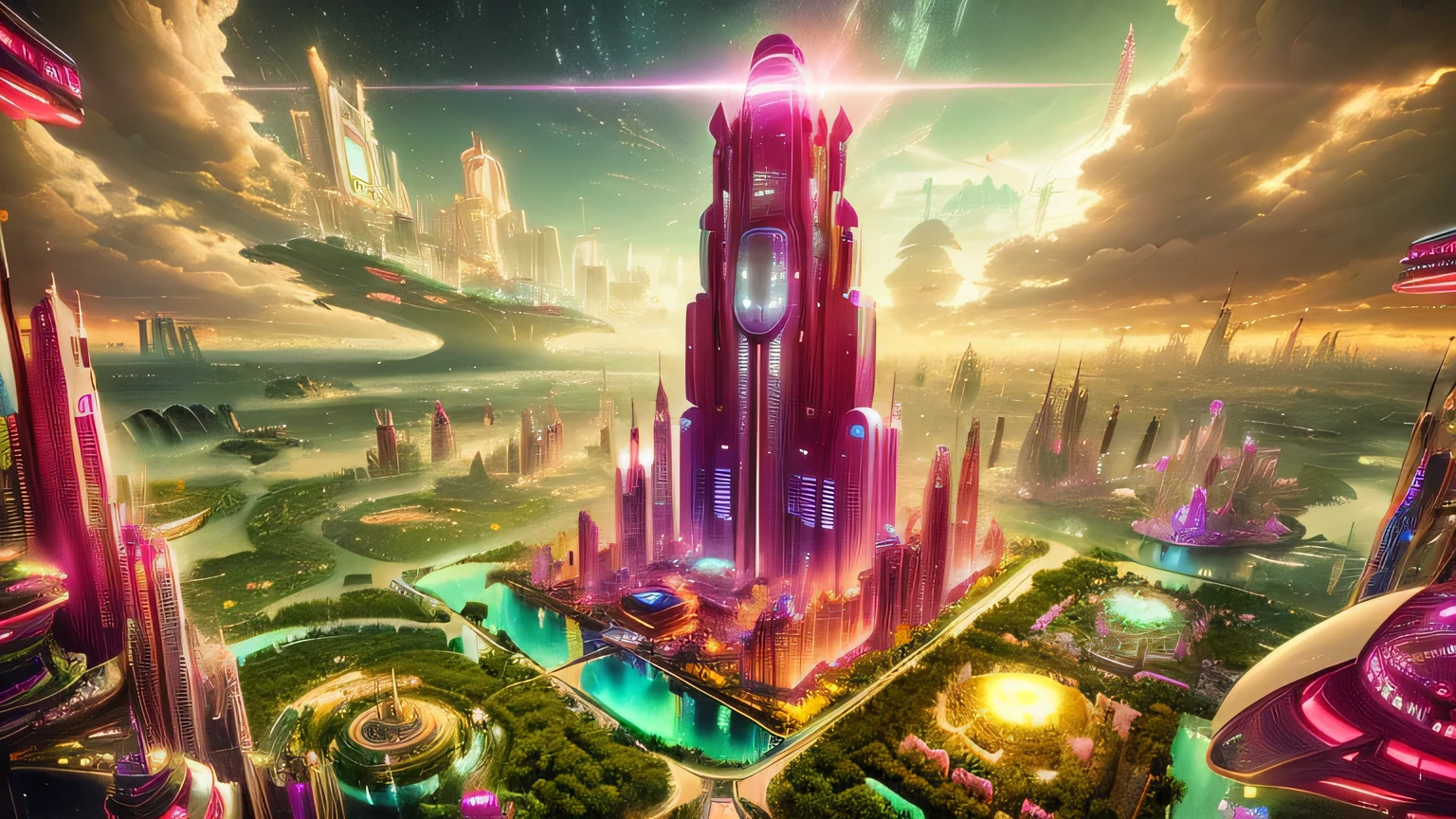 futuristic city with a futuristic tower surrounded by futuristic buildings, huge futuristic temple city, futuristic utopian metropolis, futuristic utopian city, utopian city, inspired por Mike "beetle" Winkelmann, beep masterpiece, beautiful city of the future, por Mike "beetle" Winkelmann, futuristic utopian fantasy, beeple Global illumination