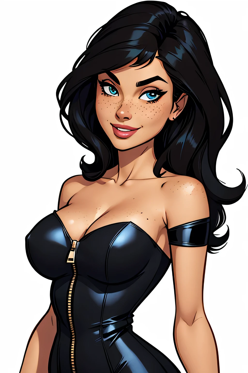 Thin woman, age 25, 4K (High definition), mysterious smile, seducing gaze, eyes browns, wearing black dress (with zipper) with princess neckline and short sleeves, arms positioned at the side of the body, Caucasian skin, straight black hair down to shoulder length, standing (upper body), full of curves with freckles across her chest and neck, round breasts. Marvel style high quality, white background.