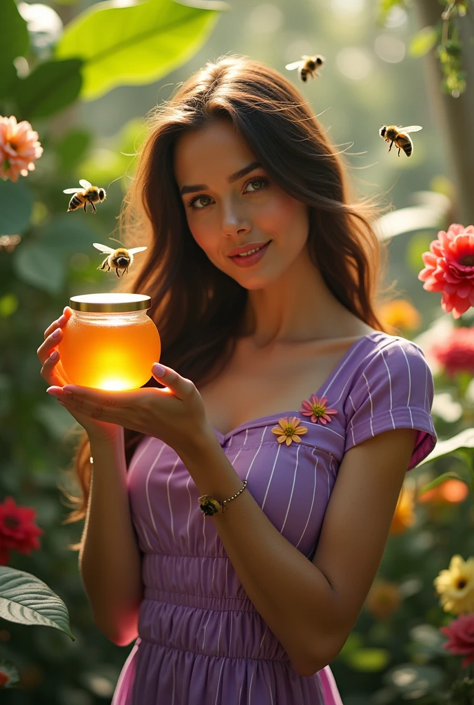 A woman with a slight smile and long brown hair, alone in the jungle surrounded by plants with multicolored flowers.
She wears a short-sleeved "purple dress", with white lines and flowers. Pose like a professional, flirtatious and elegant model,
showing honey close-up with hands in a labeled glass jar, in a hyper-realistic photo style.
The midday sun filters the light through the plants, reflecting and illuminating the dew left by the rain, creating a cinematic atmosphere.
It is in the middle of the vegetation, where there are bees flying among the leaves and flowers.
*Add cinematic effects:*
*Depth of field* to focus on the woman and blur the background.
*Soft lighting* and *backlight* to highlight the outline of the figure.
*Anamorphic lens effect* for a cinematic touch.
*Warm tones* and *color filters* to r