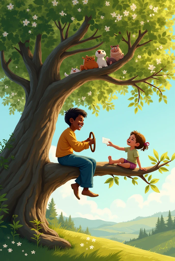 My father is a dark-skinned boy and the clothes he was wearing were blue cloth pants and a long-sleeved shirt. , playing under a linden tree. He is sitting on a branch of the linden tree and had a wooden steering wheel,The linden tree is large and leafy, with white flowers and green leaves. The sun shines through the leaves, lighting the scene. Your dad laughs and has fun, enjoying his driving game. There were 8 passengers each on a branch as seats and he handed them a sheet of paper with 1000 LOVES. It is the best memory of my dad. I want the tree and the landscape to be seen.
