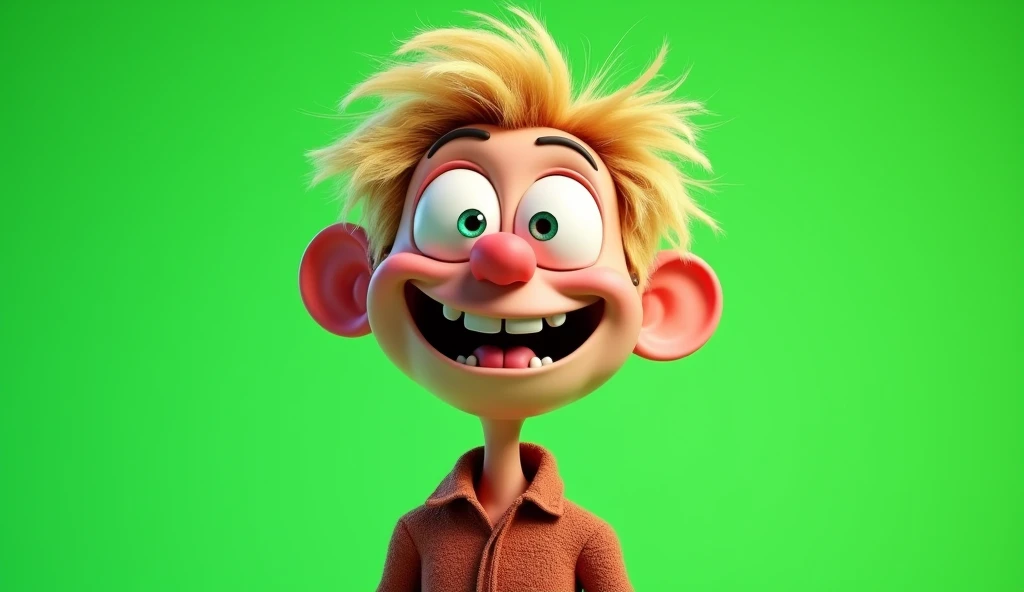 Im Stil von Pixar 3D- The animated film. Solid green background for greenscreen editing. A crazy man looks into the picture. His look is joyfully manic, short blonde hair is disheveled.
