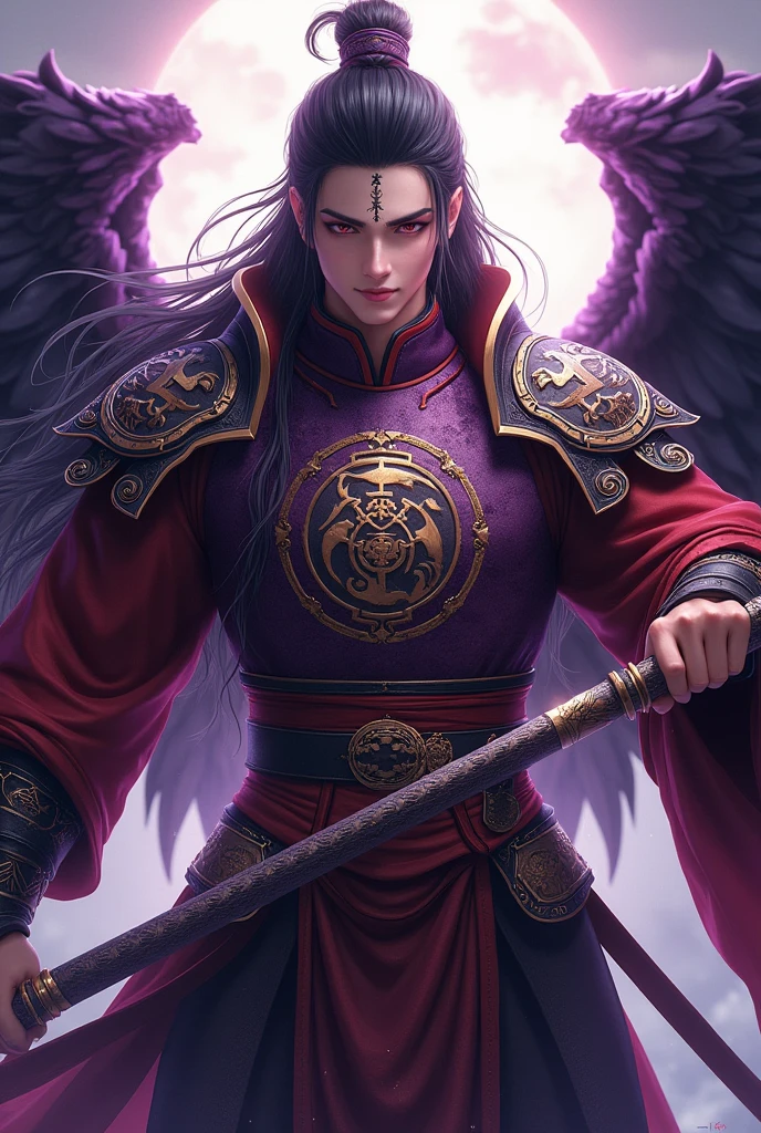 Handsome xianxia protagonist,man,guy,long black obsidian hair, Crimson red eyes and long black hair with white undertone,and the golden rune motiv scratched on his forehead,use armour featuring like Tao tie chinese with purple and red dominant color,the tassel of the armour like river of galaxy, combination of purple strand and dark red dominant color,with majestic purple line ,held magnificent halberd, and black like tint wings at back, wings at back,terrifying aura around,24K ultra hd,face and eyes detail,lips and face detail,masterpiece ,better quality