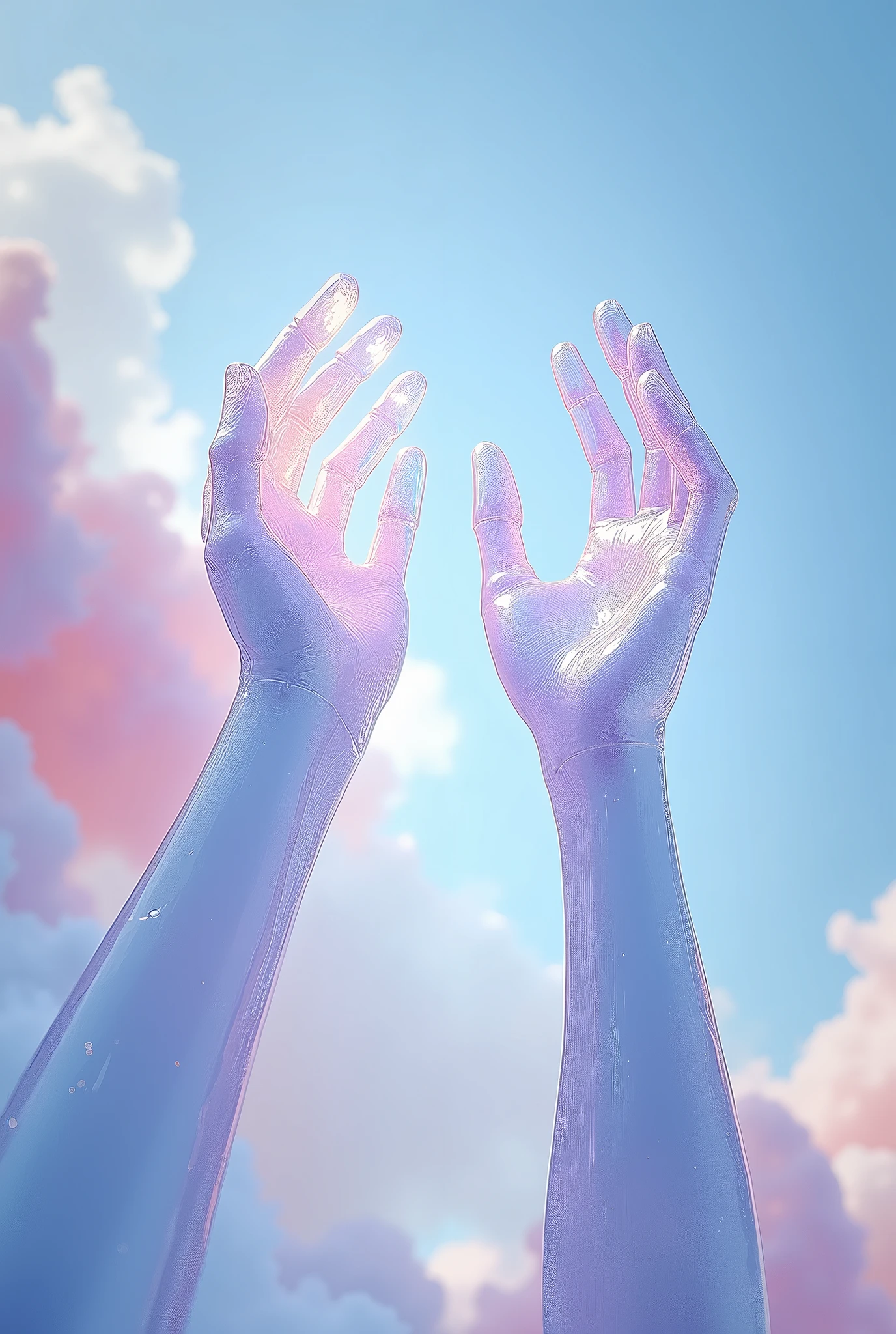 Two crystal hands holding up in the air, made of glass, sapphire, transparent background, Light-blue pink tone