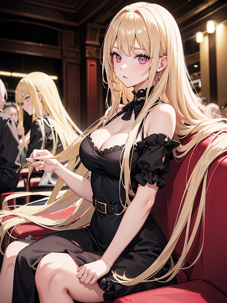 (((Adult woman))), pink eyes, long blonde hair, beautiful black dress, theater seat