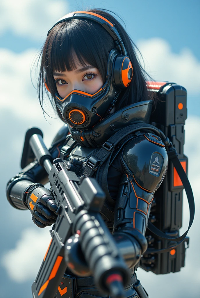 photo-realistic, ultra-realistic, very beautiful Japanese, famous Japanese idol, 20 years old, dramatic scene, masterpiece, beautiful eyes, (extremely intricated with extremely complex futuristic cyber punk mecha armored full-face gas mask:1.5), (wearing extremely intricated with extremely complex multi-layered cyber punk mecha-suits with neon marker:1.4), (She uses the ultra high power rocket engine on her back to flying high speed in the sky:1.5), amazing view from sky, smile, acrobatic pose, dynamic angle, (shoot from behind), Nimble movements, Sharp turns, (very large breasts), (Fully equipped for battle:1.3), (holding m4a1 large assault rifle:1.2),