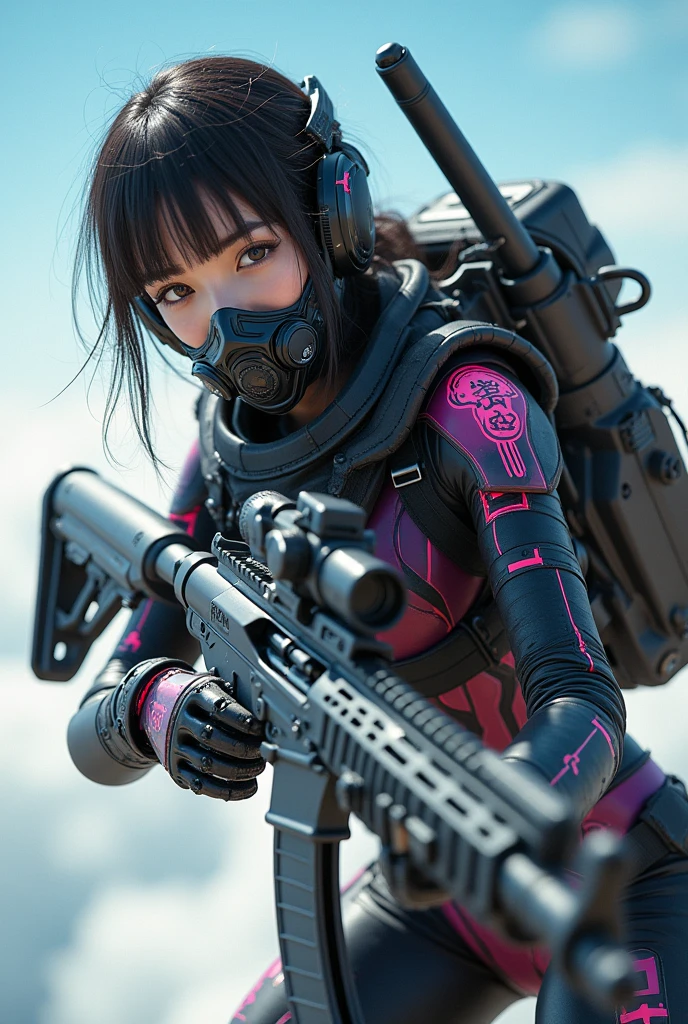 photo-realistic, ultra-realistic, very beautiful Japanese, famous Japanese idol, 20 years old, dramatic scene, masterpiece, beautiful eyes, (extremely intricated with extremely complex futuristic cyber punk mecha armored full-face gas mask:1.5), (wearing extremely intricated with extremely complex multi-layered cyber punk mecha-suits with neon marker:1.4), (She uses the ultra high power rocket engine on her back to flying high speed in the sky:1.5), amazing view from sky, smile, acrobatic pose, dynamic angle, (shoot from behind), Nimble movements, Sharp turns, (very large breasts), (Fully equipped for battle:1.3), (holding m4a1 large assault rifle:1.2),