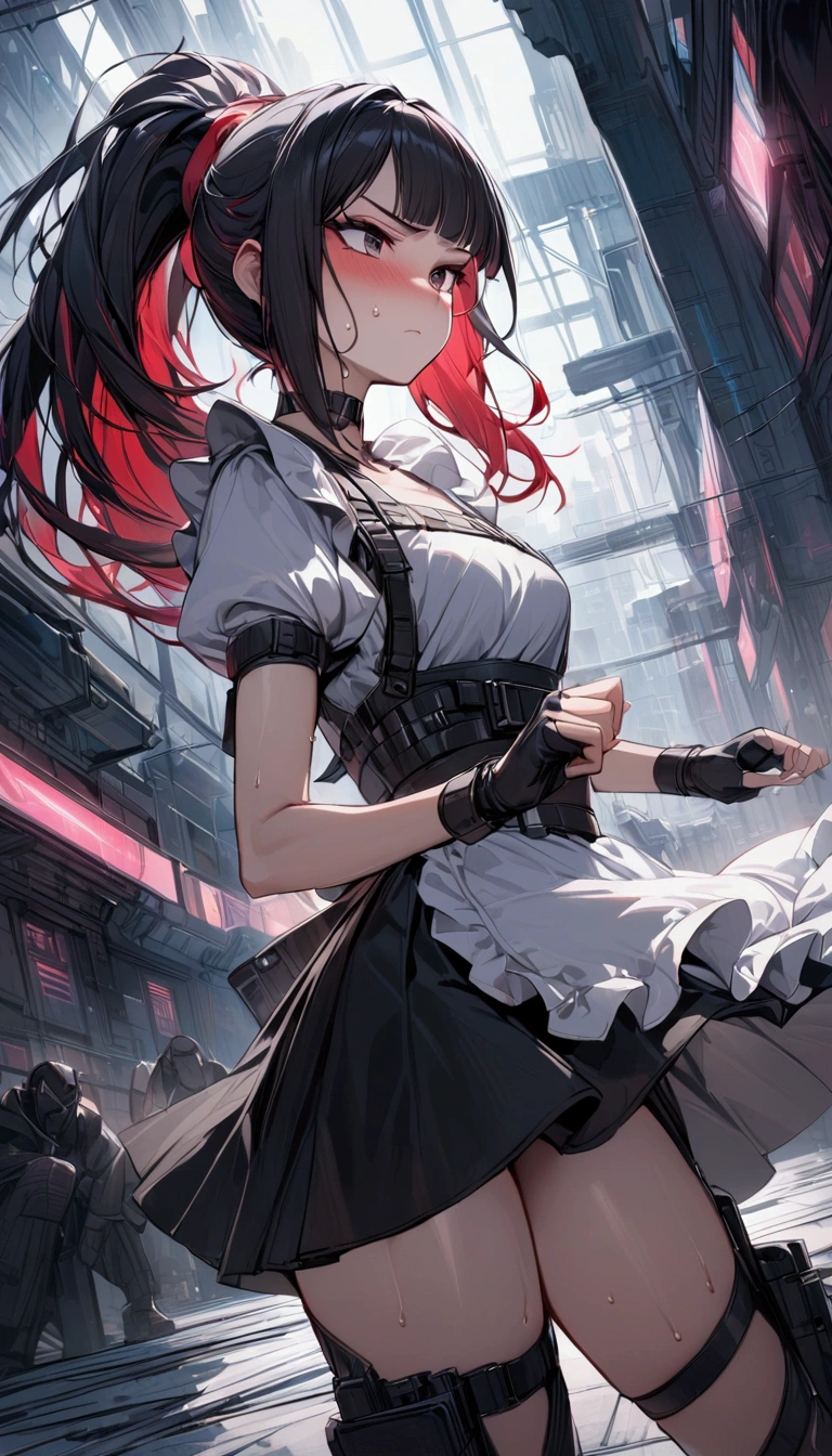 from side,cowboy shot,1girl solo,Female fighter ,maid outfit, ,{{White frilled apron:1.6}},collarbone, {{white puff sleeves:1.4}}, {{White short-sleeved puff-sleeved blouse:1.6}},,black shoulder straps, black corset, black flared skirt, blunt bangs, black choker. Dynamic composition,dutch angle,fighting stance,{{fight}},{{masterpiece}}, {{{Highest quality}}},{{Very detailed}},holster ,Fight,,{{v-shaped eyebrows}},Bad mood,blush,Sweat,raise one's eyebrows ,Black hair Long hair,Blunt bangs ,Red hair band,cyberpunk ,Black fingerless gloves ,ponytail,Training area,Indoor