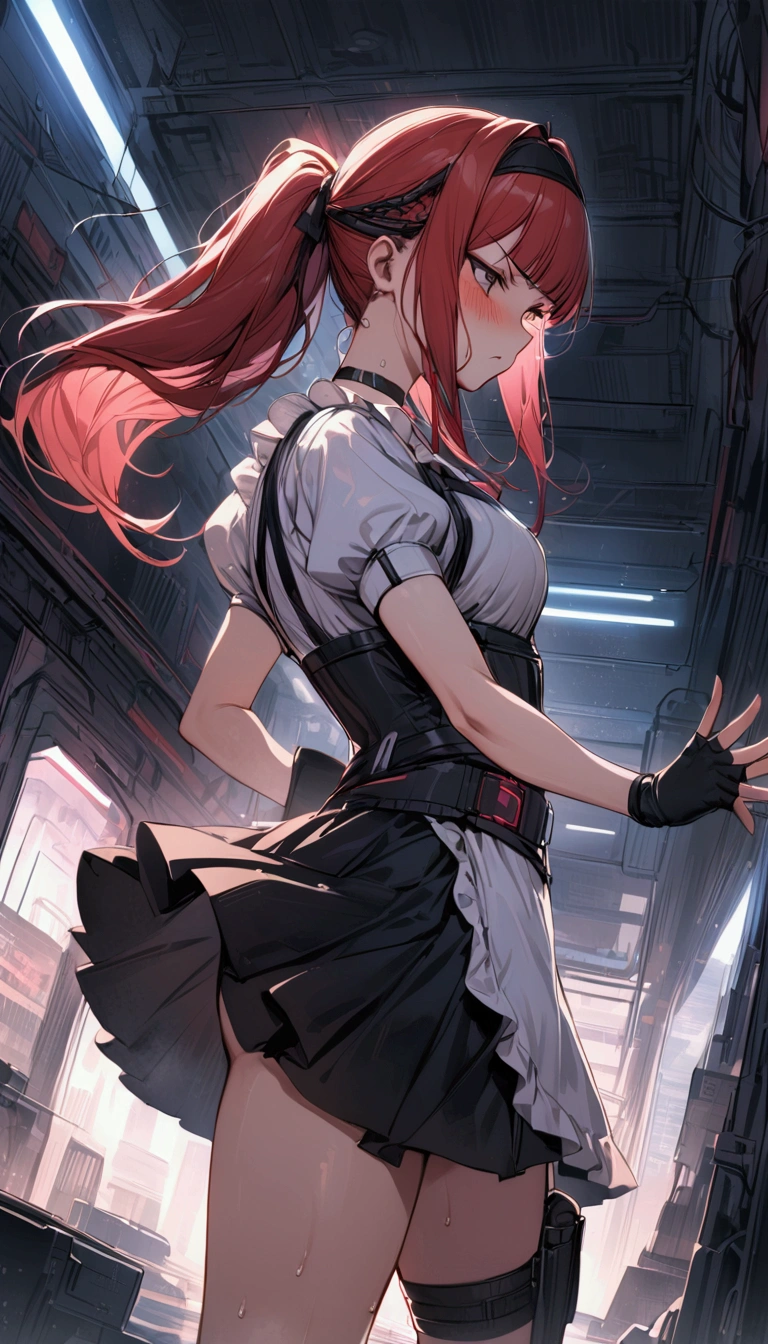 from side,cowboy shot,1girl solo,Female fighter ,maid outfit, ,{{White frilled apron:1.6}},collarbone, {{white puff sleeves:1.4}}, {{White short-sleeved puff-sleeved blouse:1.6}},,black shoulder straps, black corset, black flared skirt, blunt bangs, black choker. Dynamic composition,dutch angle,fighting stance,{{fight}},{{masterpiece}}, {{{Highest quality}}},{{Very detailed}},holster ,Fight,,{{v-shaped eyebrows}},Bad mood,blush,Sweat,raise one's eyebrows ,Black hair Long hair,Blunt bangs ,Red hair band,cyberpunk ,Black fingerless gloves ,ponytail,Training area,Indoor