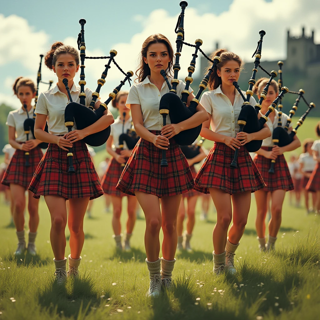 young women in minikilts playing bagpipes