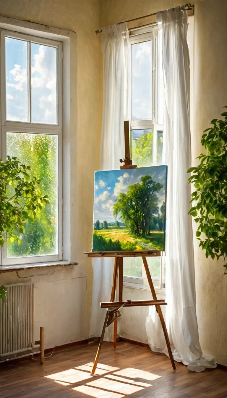 Photography,indoor,Green trees outside the window,Several strong rays of sunlight,White curtains,A window,A easel, with oil paintings standing on top of it,There are sun spots on oil paintings standing ,