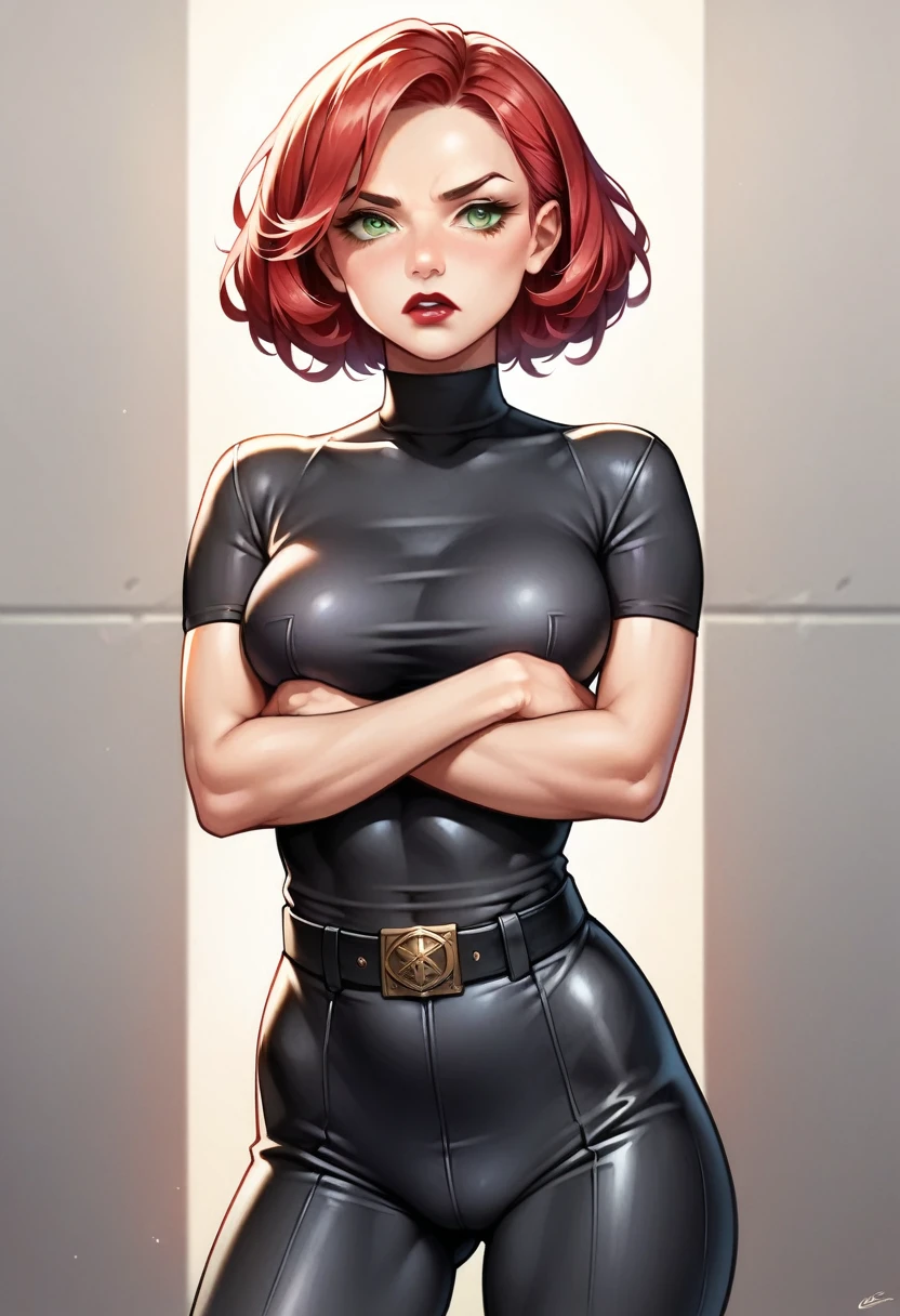 (high-level image quality), (high quality), (high resolution), (detailed), (masterpiece), beautiful woman, ((caucasian)), green eyes, red hair, short hair, dark red lipstick, slender body, perfect eyes, Detailed face, sexy black turtleneck, black leggings, black belt on the waist, crossed arms, serious