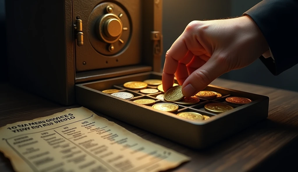 Create a hyper-realistic and mysterious image of a hand placing different coins – gold, silver and copper – in separate compartments of an old safe, symbolizing investment diversification. Next to the safe, a small chart sketched on a parchment shows different types of investments, as lands, commodities and precious metals. The background should be softly blurred, with a golden light focusing on the coins and the chart, creating a sense of strategy and planning. The scene should convey the importance of not putting all resources in one place., but rather diversify to ensure financial security.
