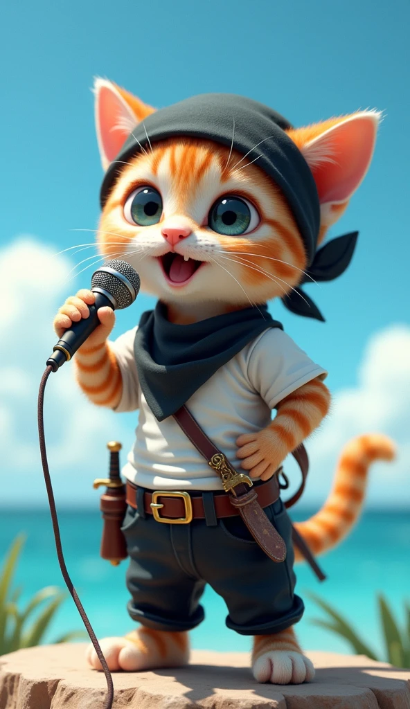 Sing with a microphone。
Big cute eyes, human expression。A small kitten with a head slightly larger than its body。
Black Bandana,White T-shirt, Black trousers。Three swords at the waist。
Shiny texture。
Clear blue sky and ocean views。