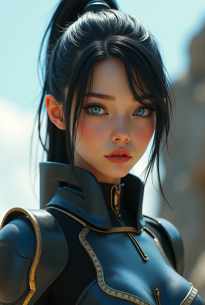 high quality, 8K Ultra HD, beautiful detailed face, blue gorgeous perfect eyes, (black hair ponytail), (attractive young woman:1.3), (thick amazing hair), (seductive:1.1), (blushing:1.1) Cog armor, (standing on top of brumak)