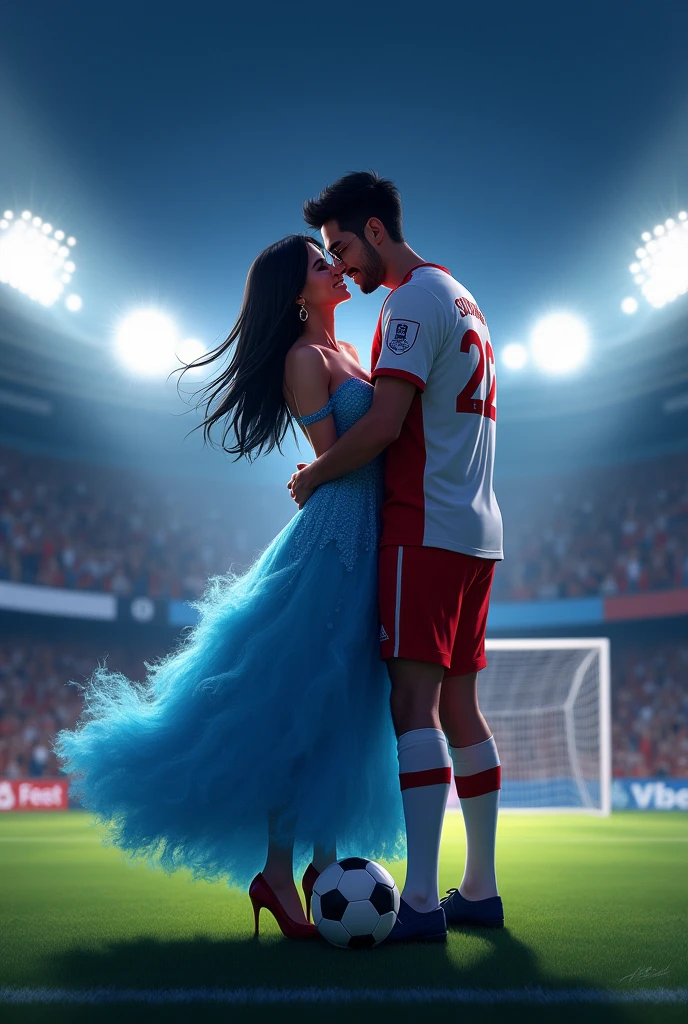 A man and woman kissing eachother in football stadium ground at night time all spot light on them woman is wearing glasses and had black hair . Woman is wearing blue dress high heels . Man is wearing white and red colour 32 number jersey. Siddharth written on jersey. Woman is cupping man s face . Man s one foot resting on a soccer ball. Man is 1 feet taller than woman. Add some audiance in stedium . . Make it real .make boy handsome . Man 2 feet taller than woman. Jersey number is 32. Add goal net in back ground . Make dress long and floral and fluffy and hair set in straight.