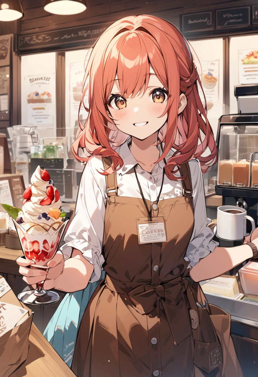 high resolution、anime、The background is a coffee shop、Beautiful shop assistant、Offering ice cream parfait to customers、smile、