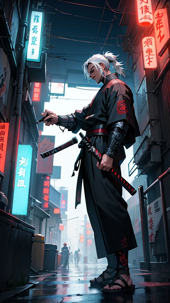 a close up of a man holding a katana in a city, very beautiful cyberpunk samurai, cyberpunk samurai, neon samurai, samurai jedi, full body of a cyberpunk samurai, samurai posed, Samurai warrior style, best angle, [ trending on cgsociety ]!!, sith lord. dramatic lighting, trending on artstation.', andreas rocha style, urban samurai, cyborg samurai, inspired by Kanō Hōgai,