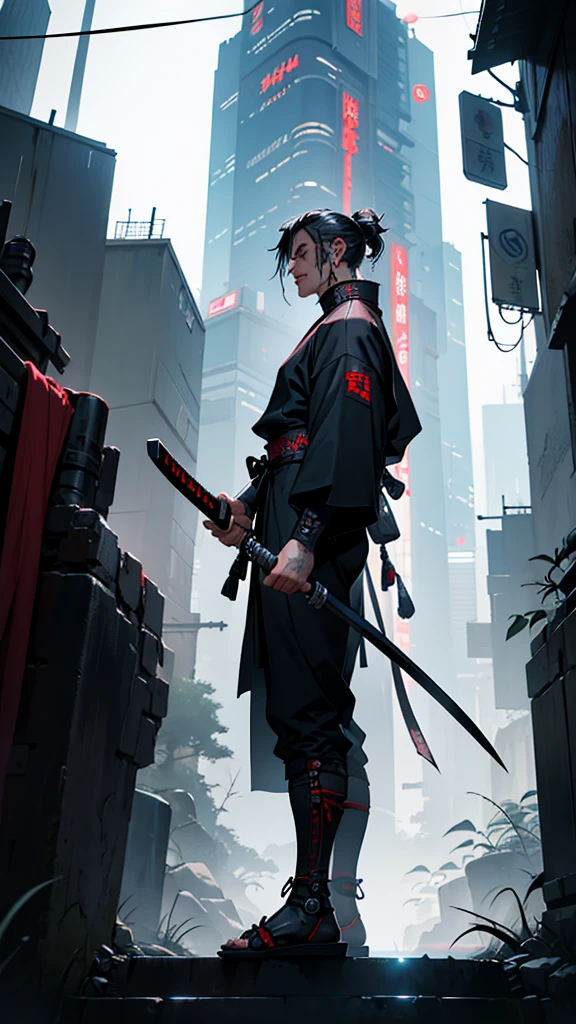 a close up of a man holding a katana in a city, very beautiful cyberpunk samurai, cyberpunk samurai, neon samurai, samurai jedi, full body of a cyberpunk samurai, samurai posed, Samurai warrior style, best angle, [ trending on cgsociety ]!!, sith lord. dramatic lighting, trending on artstation.', andreas rocha style, urban samurai, cyborg samurai, inspired by Kanō Hōgai,