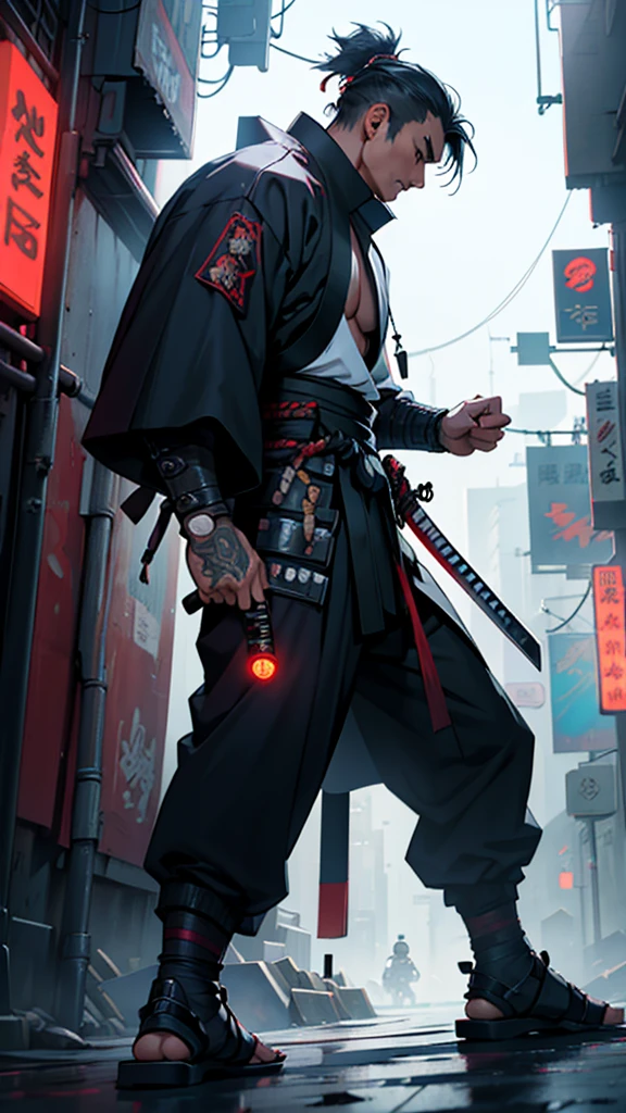 a close up of a man holding a katana in a city, very beautiful cyberpunk samurai, cyberpunk samurai, neon samurai, samurai jedi, full body of a cyberpunk samurai, samurai posed, Samurai warrior style, best angle, [ trending on cgsociety ]!!, sith lord. dramatic lighting, trending on artstation.', andreas rocha style, urban samurai, cyborg samurai, inspired by Kanō Hōgai,