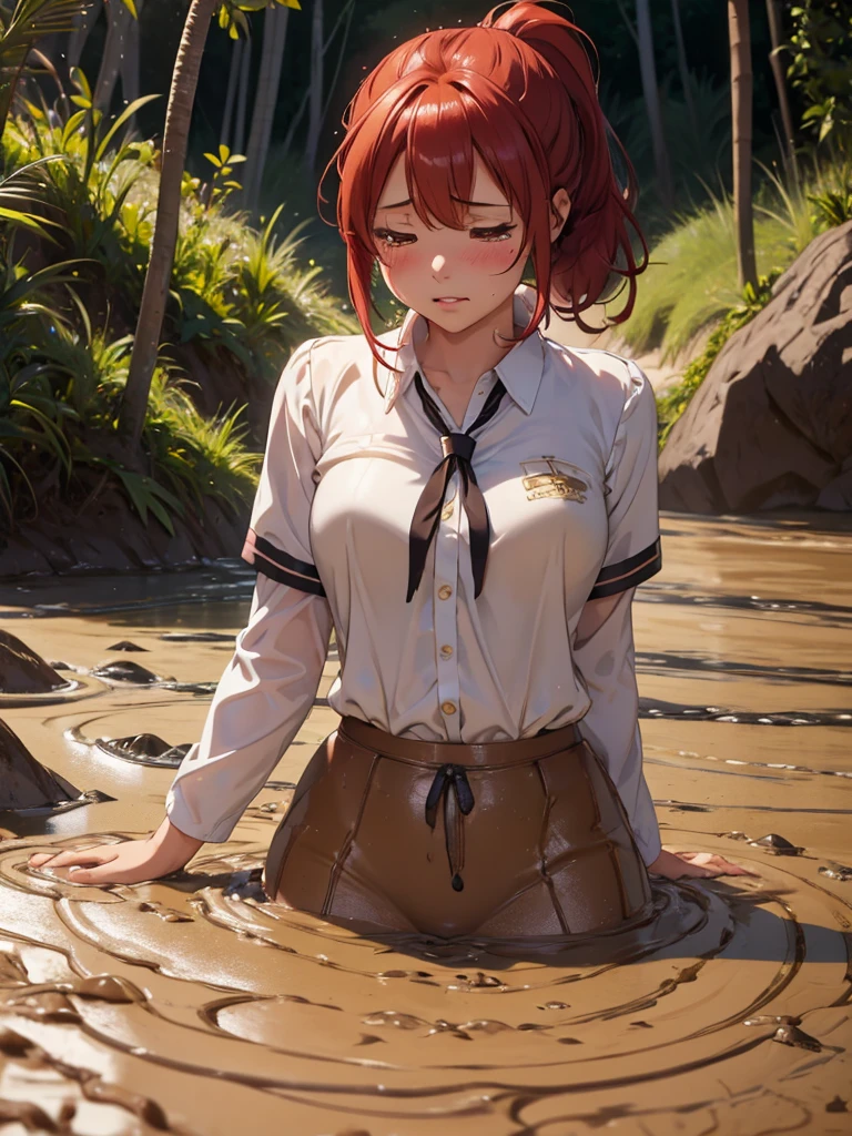 1girl, solo, masterpiece, best quality, high res, highly detailed, (illustration), beautiful detailed teary eyes, crying, yuigahama yui, red hair ponytail, glossy lips, light makeup, orgasm, intimate moment, school shirt, torso, (quicksand:1.4), (from side:0), bog, swampy, 