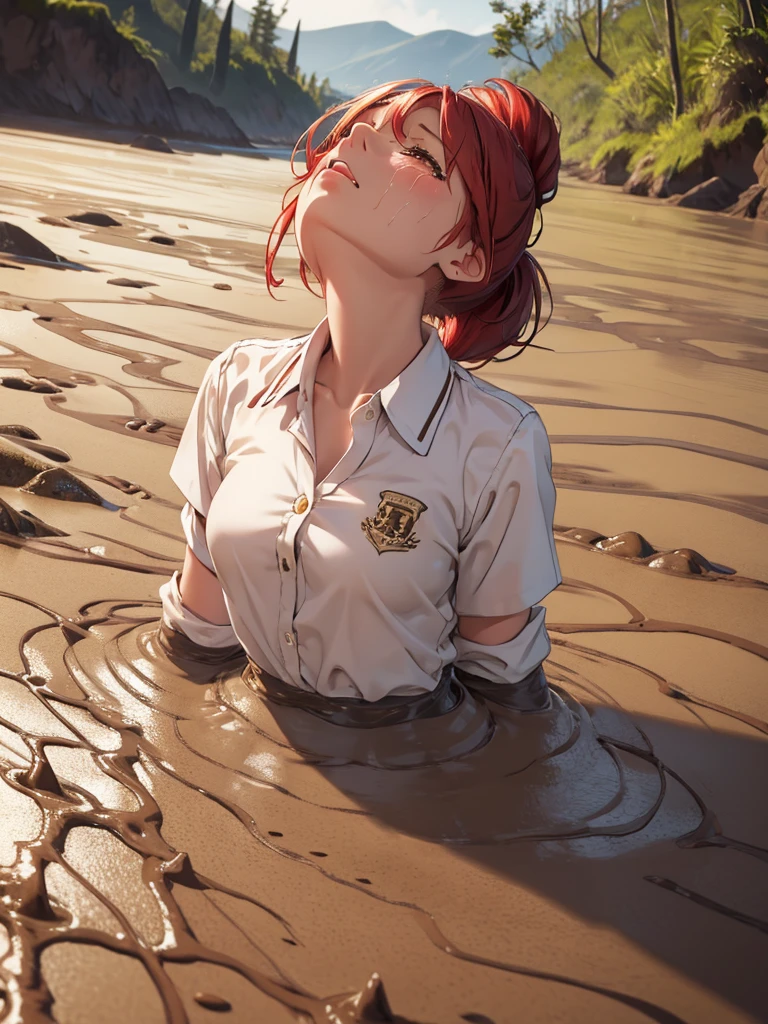 1girl, solo, masterpiece, best quality, high res, highly detailed, (illustration), beautiful detailed teary eyes, crying, yuigahama yui, red hair ponytail, glossy lips, light makeup, orgasm, intimate moment, school shirt, torso, (quicksand:1.4), (from side:0), bog, swampy, 