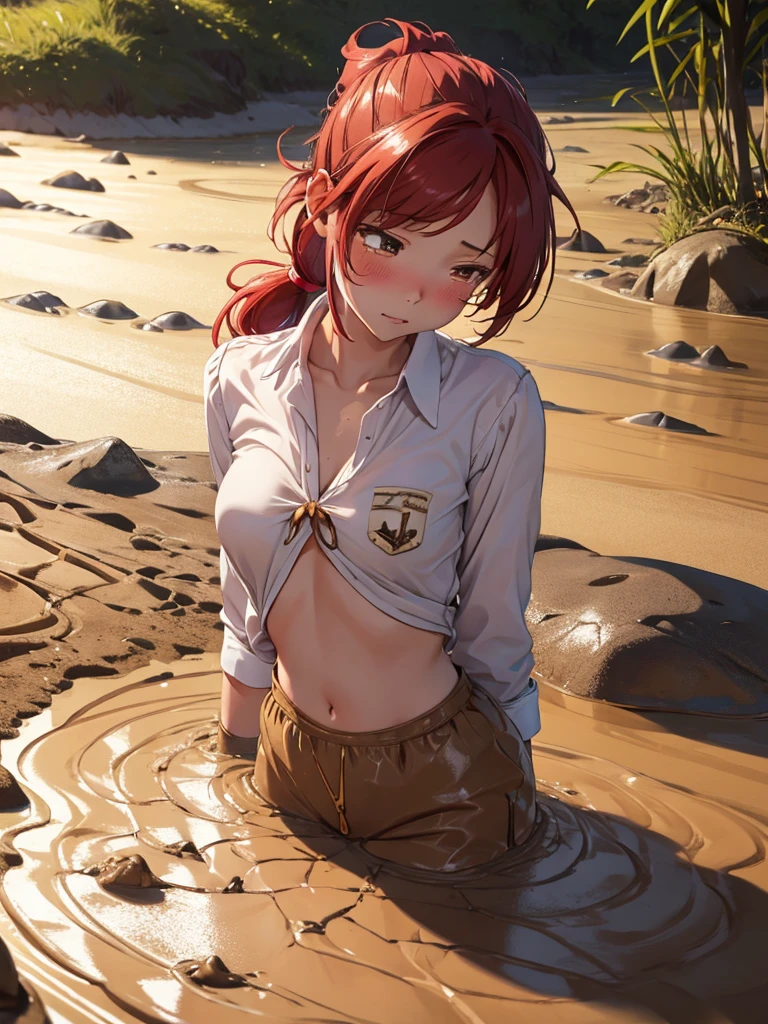 1girl, solo, masterpiece, best quality, high res, highly detailed, (illustration), beautiful detailed teary eyes, crying, yuigahama yui, red hair ponytail, glossy lips, light makeup, orgasm, intimate moment, school shirt, torso, (quicksand:1.4), (from side:0), bog, swampy, 