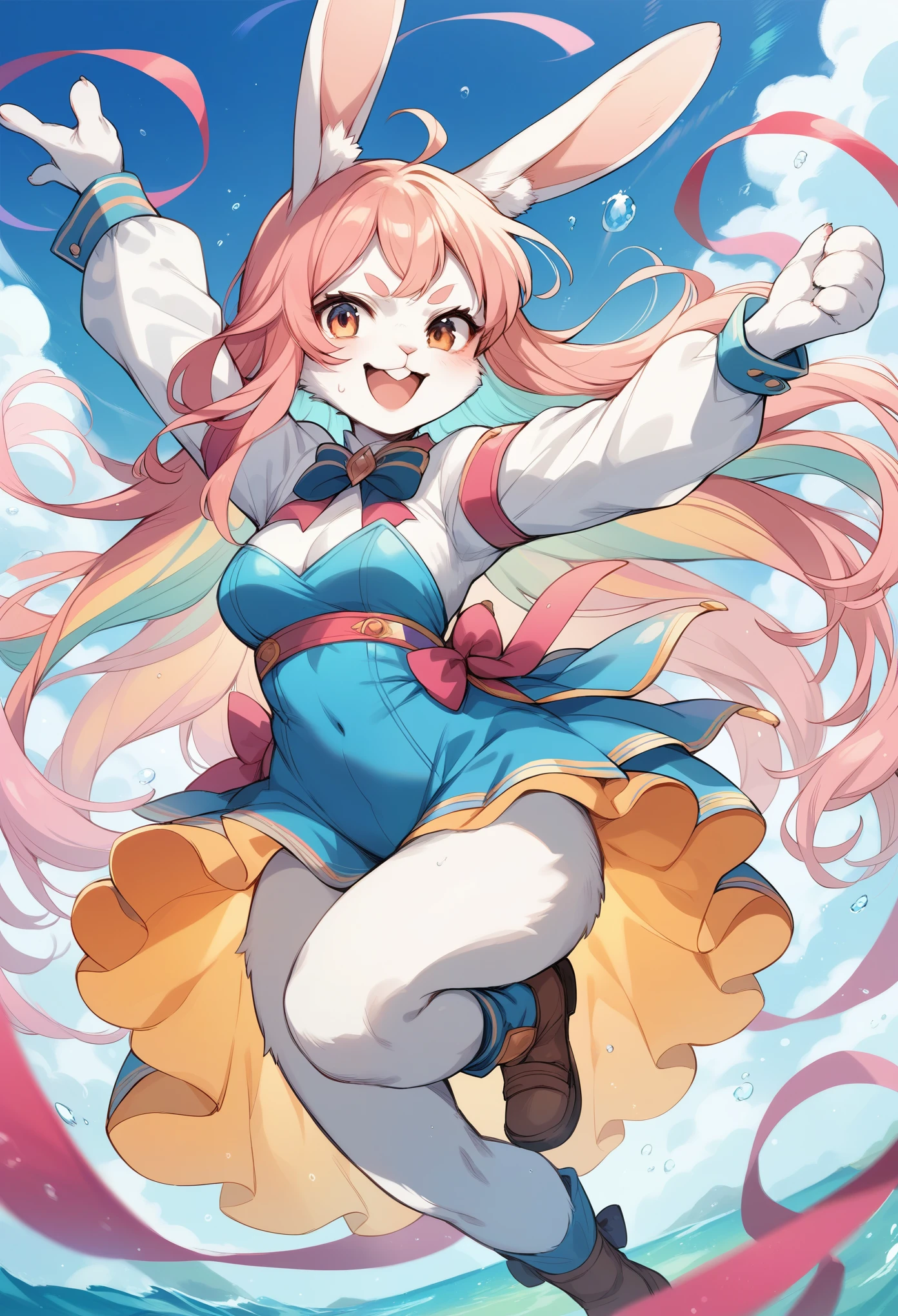 rating_safe, score_9, score_8_up, score_7_up, score_6_up, score_5_up, score_4_up, hires, source_furry,  spring outfit, colorful hair, outdoor, magazine cover, dancing, furry girl(rabbit Facial Features, rabbit Body Features)jumping, flowing colorful ribbon, Flying sweat, serious expression, joyful smile,