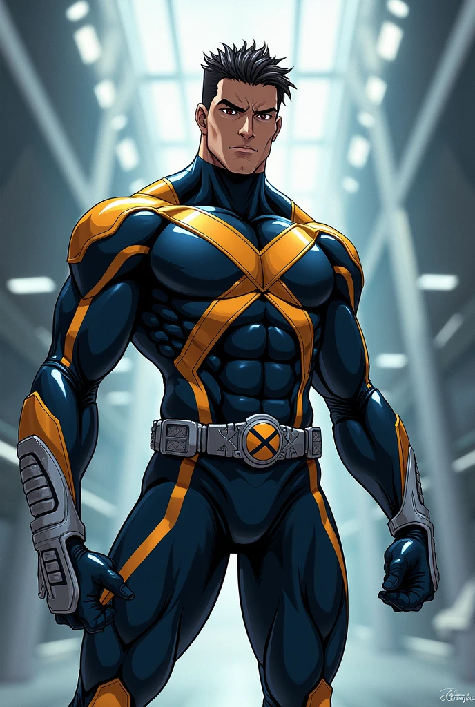 A man hero, intricate details, strong body, eye mask, messy short hair, superhero outfit rich in detail, vivid colors, action setting, centered image, dynamic pose, realistic, anime style, 16k, underwear with bulge, muscular hero underwear, underwear with hyper realistic bulge, golden shiny particles