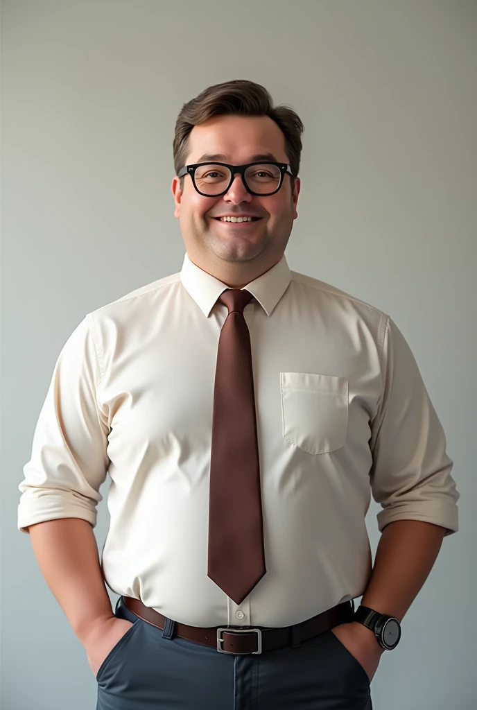A 35 year old white male with a heavy build, with black round glasses and a shirt with a tie, looking cheerfully ahead