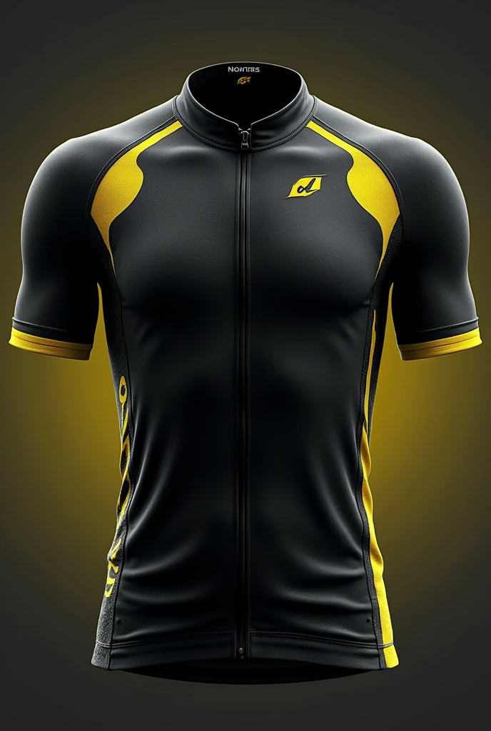 A sports uniform shirt with a predominant black color and a few yellow details, that refer to speed