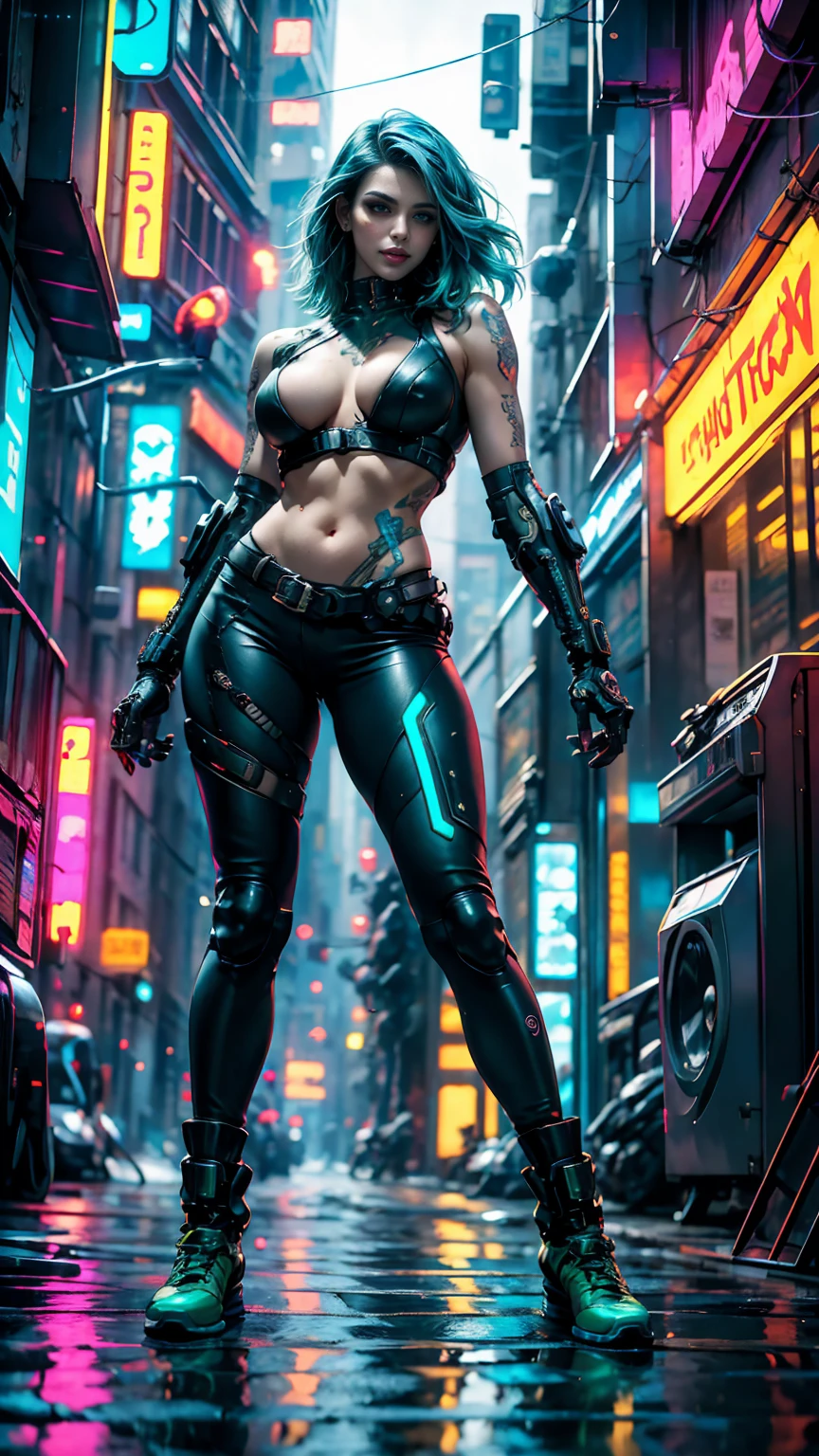from below, low angle shot, in the heart of the cyberpunk underground streets, a young and sexy cyborg biker, with a braided Moican haircut, long luminescent green and blue hair, white skin, piercings, sexy and tight and ripped style clothes cyberpunk, green, blue, red and purple. neon lights and very dark shadows. at night, graffitied streets. She has cybernetic tattoos all over her body, sensual pose on her motorcycle, cyberpunk motorcycle. A cyberpunk 2077 style atmosphere is created, energy and neon lights, green, blue, red and purple. Good quality cybernetic eyes, face with cybernetic details, ultra detailed. masterpiece, 4k, ray tracing, full body, close-up, low angle shot, intricate details, hyperrealistic.