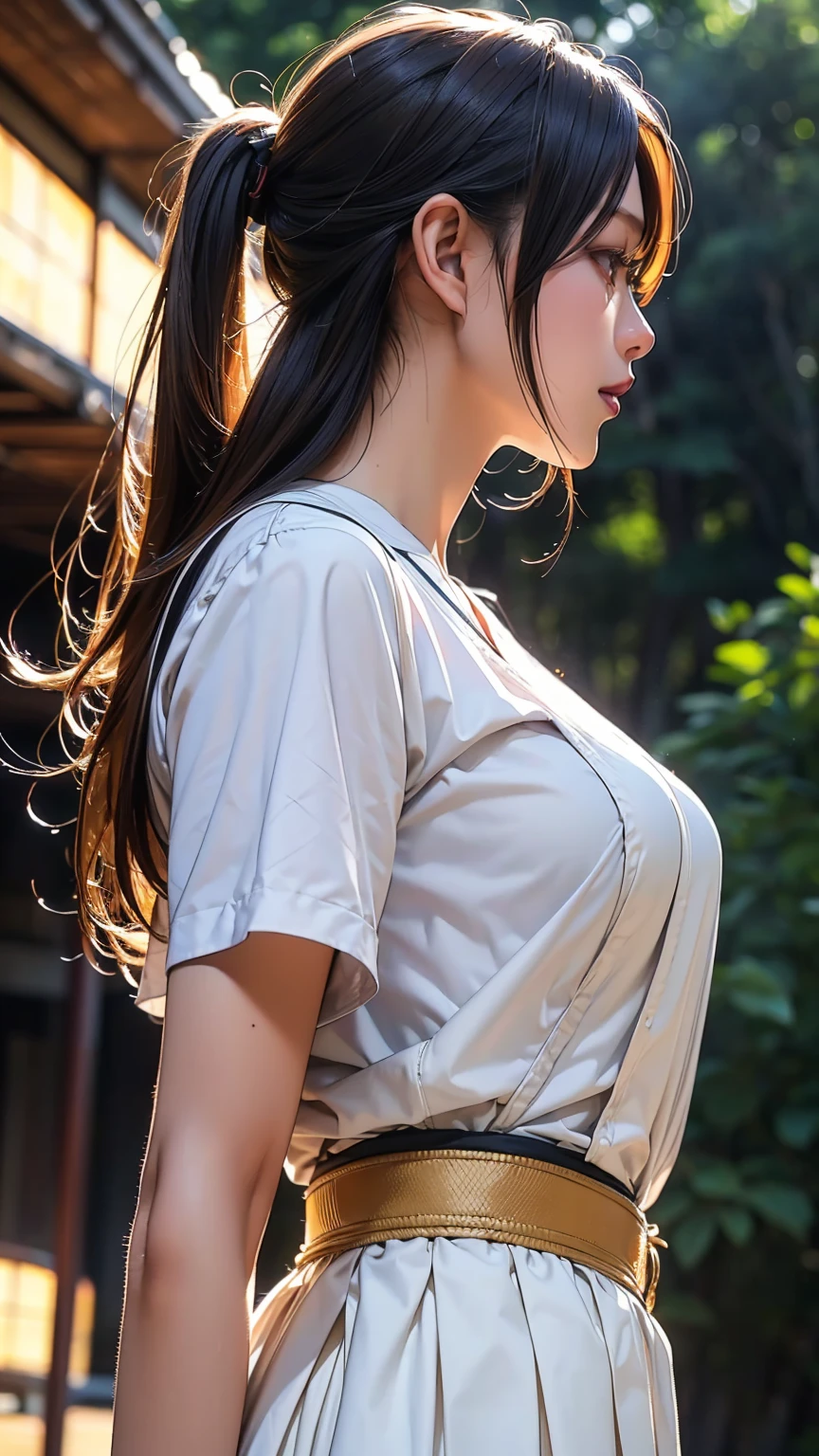 Realistic, masterpiece, Highest quality, Highest Resolution, High Detail, Soft Light, Professional Lighting, Backlight, Film Grain, The background is blurred, (Japanese high school girl, Height: 162cm, Small Tits), (The subject is a photograph of the upper body taken from below, profile:1.3), Walking, (I'm sweating a little, Hair is also wet with sweat), Laughing happily, Open your mouth, Beautiful and detailed eye drawing, Droopy eyes, Dark Eyes, Draw eyelashes carefully, Eyelash extensions, Gal Makeup, Orange Cheek, (White brown braids,Short Hair, middle part:1.3), (Hidden eyelid wrinkles:1.3), (Cool clothing:1.3), (Summer forest, Under the sun through the trees:1.3)