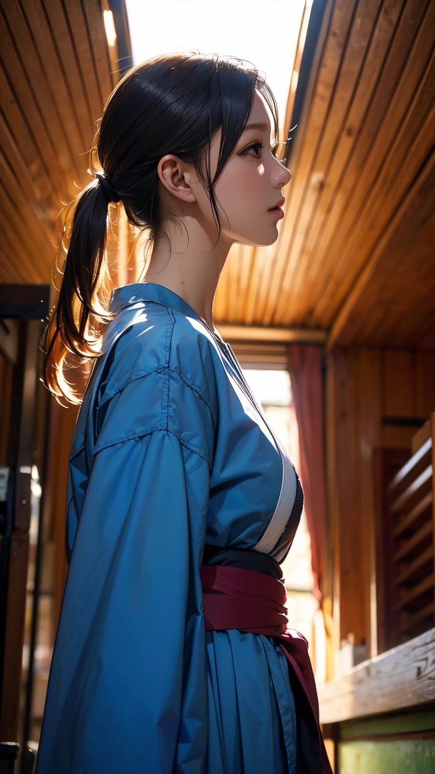 Realistic, masterpiece, Highest quality, Highest Resolution, High Detail, Soft Light, Professional Lighting, Backlight, Film Grain, The background is blurred, (Japanese high school girl, Height: 162cm, Small Tits), (The subject is a photograph of the upper body taken from below, profile:1.3), Walking, (I'm sweating a little, Hair is also wet with sweat), Laughing happily, Open your mouth, Beautiful and detailed eye drawing, Droopy eyes, Dark Eyes, Draw eyelashes carefully, Eyelash extensions, Gal Makeup, Orange Cheek, (White brown braids,Short Hair, middle part:1.3), (Hidden eyelid wrinkles:1.3), (Cool clothing:1.3), (Summer forest, Under the sun through the trees:1.3)