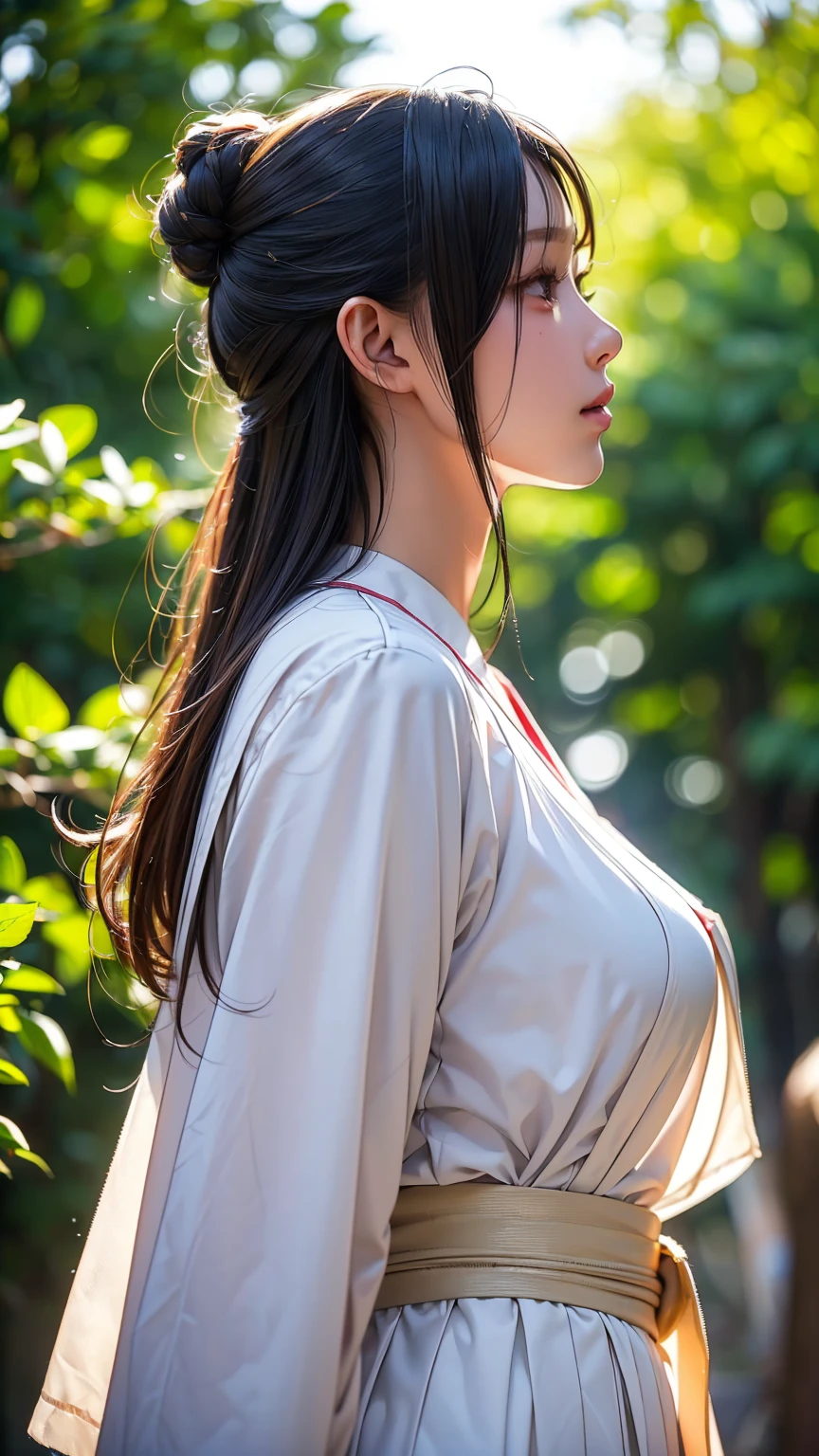 Realistic, masterpiece, Highest quality, Highest Resolution, High Detail, Soft Light, Professional Lighting, Backlight, Film Grain, The background is blurred, (Japanese high school girl, Height: 162cm, Small Tits), (The subject is a photograph of the upper body taken from below, profile:1.3), Walking, (I'm sweating a little, Hair is also wet with sweat), Laughing happily, Open your mouth, Beautiful and detailed eye drawing, Droopy eyes, Dark Eyes, Draw eyelashes carefully, Eyelash extensions, Gal Makeup, Orange Cheek, (White brown braids,Short Hair, middle part:1.3), (Hidden eyelid wrinkles:1.3), (Cool clothing:1.3), (Summer forest, Under the sun through the trees:1.3)
