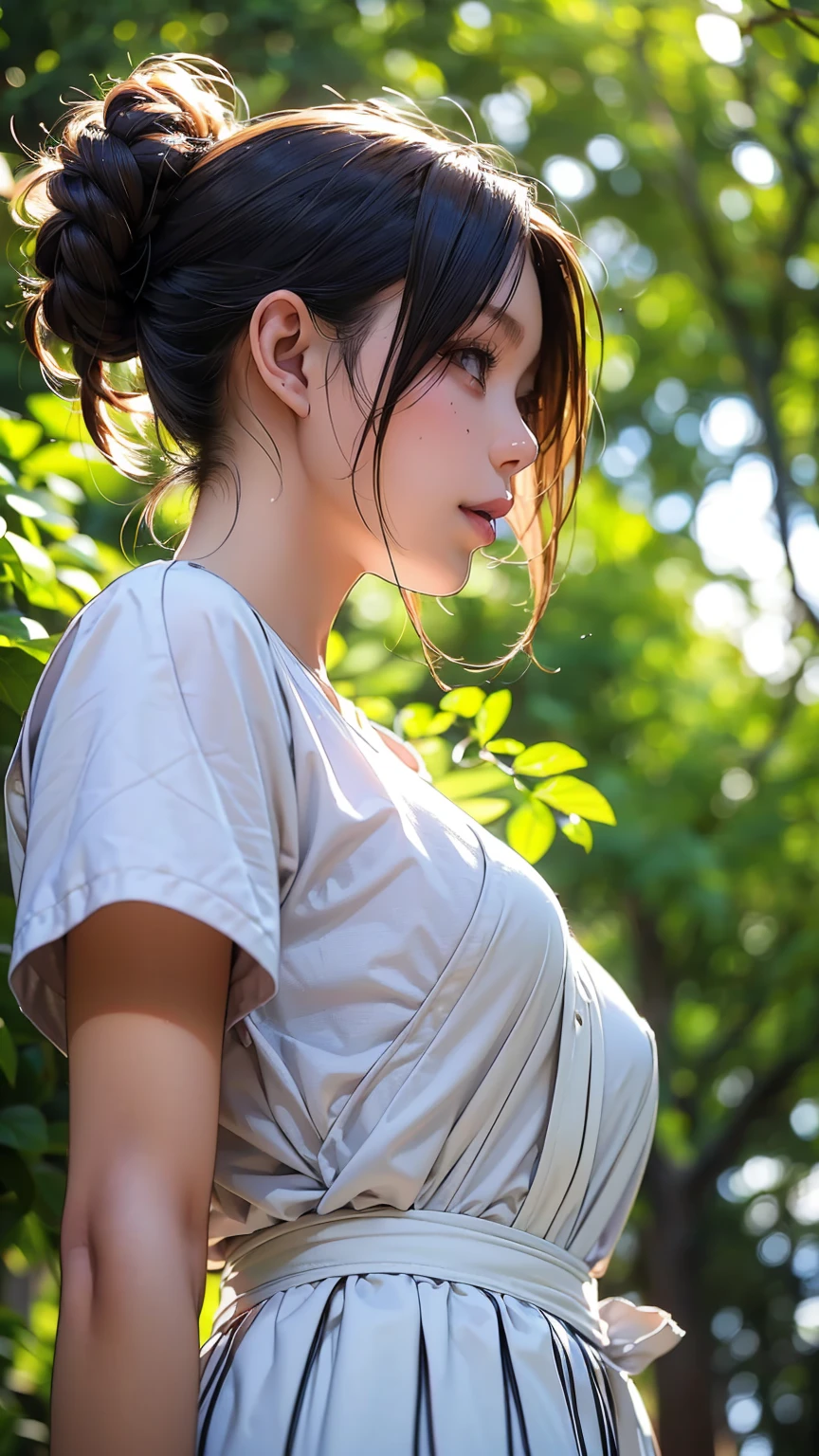 Realistic, masterpiece, Highest quality, Highest Resolution, High Detail, Soft Light, Professional Lighting, Backlight, Film Grain, The background is blurred, (Japanese high school girl, Height: 162cm, Small Tits), (The subject is a photograph of the upper body taken from below, profile:1.3), Walking, (I'm sweating a little, Hair is also wet with sweat), Laughing happily, Open your mouth, Beautiful and detailed eye drawing, Droopy eyes, Dark Eyes, Draw eyelashes carefully, Eyelash extensions, Gal Makeup, Orange Cheek, (White brown braids,Short Hair, middle part:1.3), (Hidden eyelid wrinkles:1.3), (Cool clothing:1.3), (Summer forest, Under the sun through the trees:1.3)