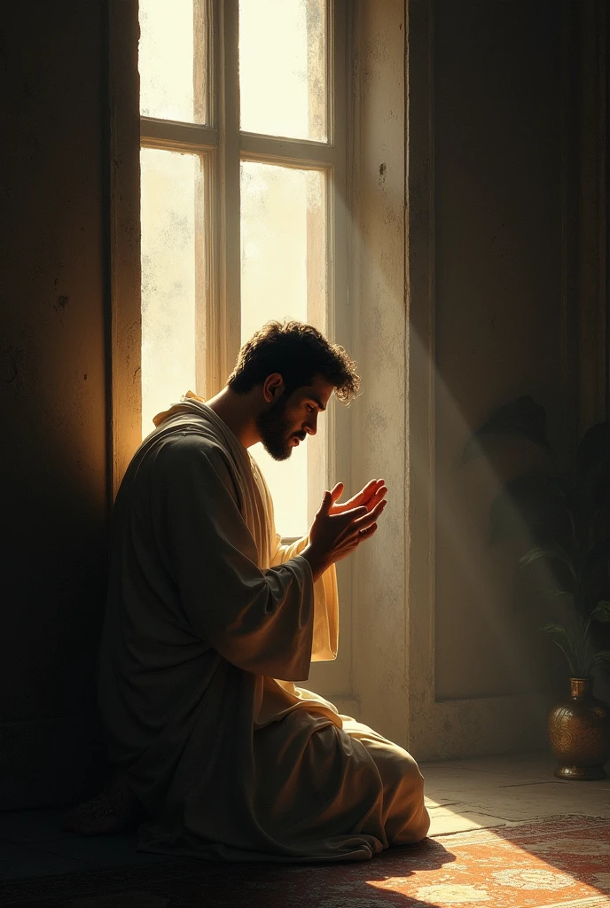David praying in front of the window on his knees 