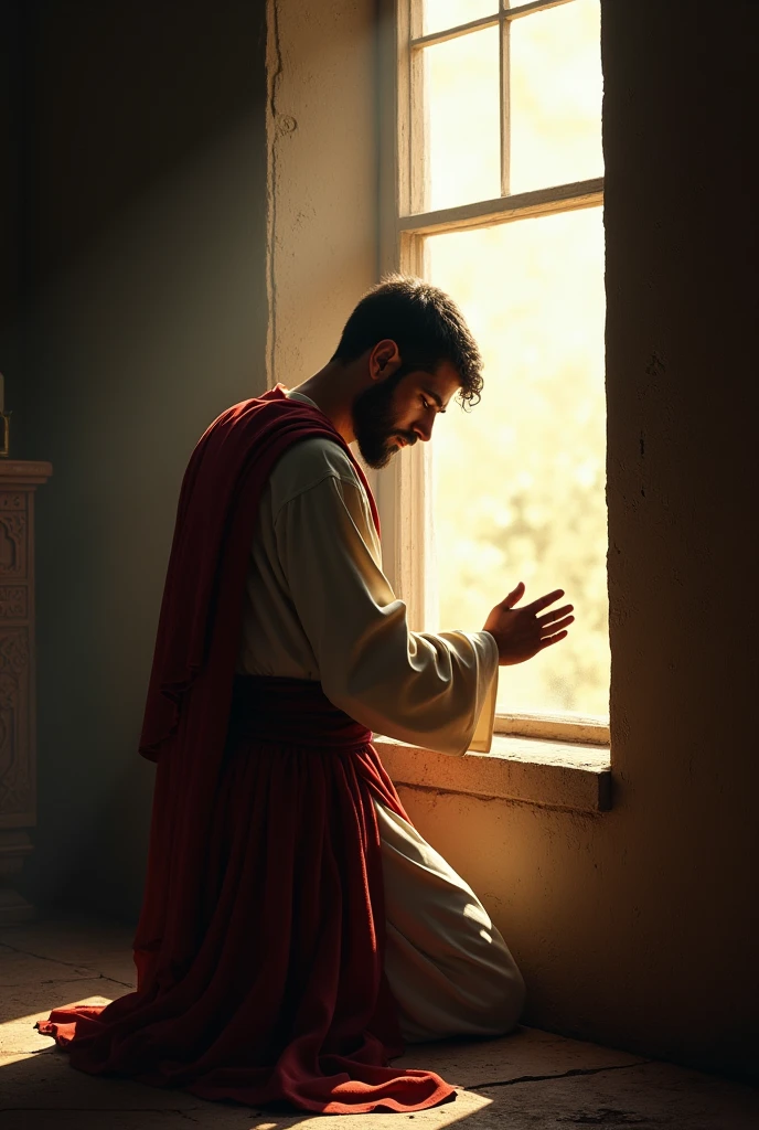 David praying in front of the window on his knees 