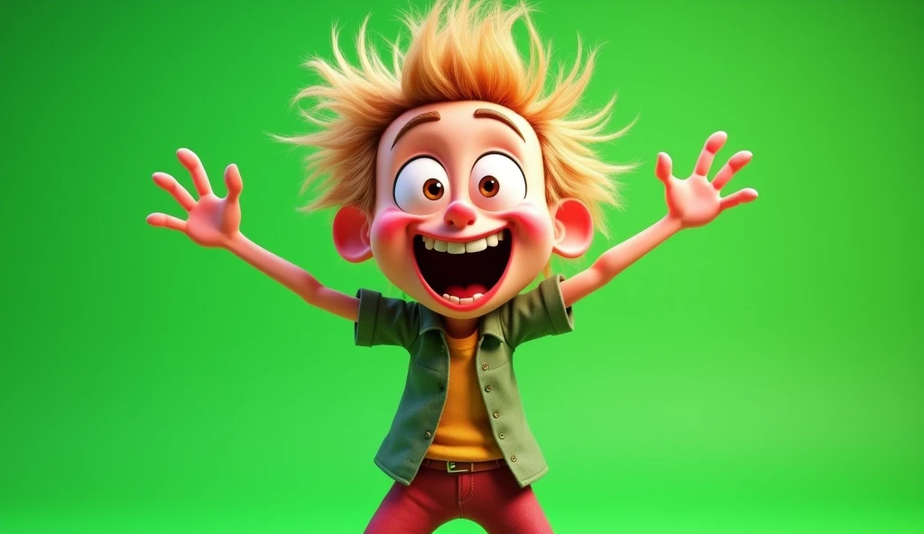 Im Stil von Pixar 3D- The animated film. Solid green background for greenscreen editing. A crazy man looks into the picture. His look is joyfully manic, short blonde hair is disheveled.