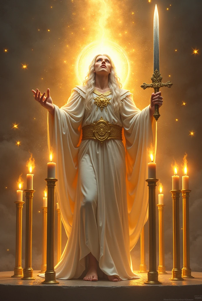 Seven golden candlesticks;
 And in the midst of the seven candlesticks, one like the Son of Man, dressed to the feet in a long garment, yes belt, at chest height, with a golden belt.
And his head and hair were as white as wool, like snow, and your eyes, like a flame of fire;
and his feet, similar to shining brass, as if they had been refined in a furnace, and your voice, like the voice of many waters.
And he had in his right hand seven stars; and out of his mouth came a sharp two-edged sword; and his face was like the sun, when in its strength it shines.