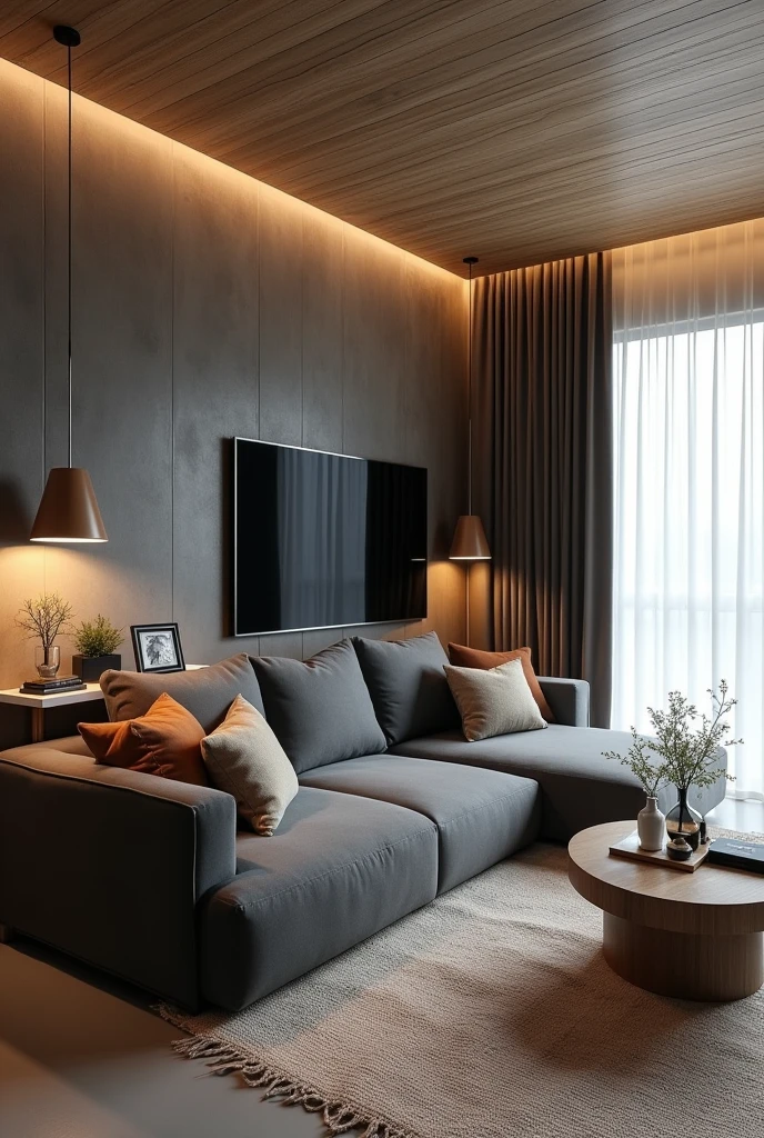 A modern and cozy living room with a gray floor and light walls. The wall where the TV is located has a dark burnt cement finish., creating an elegant contrast. The ceiling lining is made of PVC with a woody appearance, adding a touch of warmth to the environment. In the right corner of the room, there is a pendant light with two warm white light bulbs, that gently illuminates the space. The right wall is covered by a white curtain that stretches from end to end., giving a feeling of spaciousness. The five-seater sofa bed in graphite color is large and comfortable. Below the TV, there is a vintage piece of furniture that houses some carefully selected decorative objects. To finish, a natural fabric rug covers part of the floor, on which is a coffee table made of natural wood, complementing the cozy and elegant look of the room.