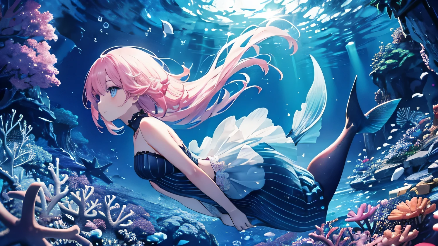 seabed、School of fish、coral、mermaid、Fisheye Lens、beautiful girl、prism、profile