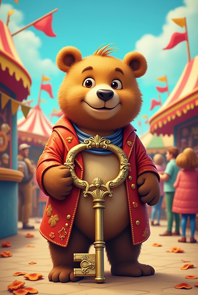 Generate an illustration of a bear going to the carnival dressed as a key