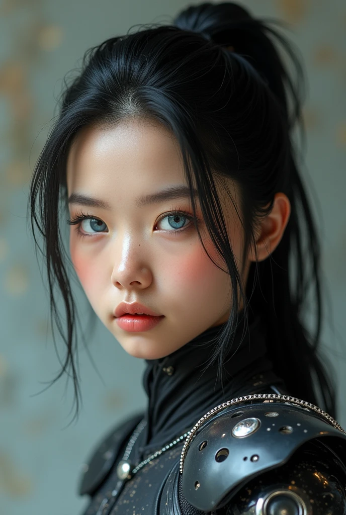 high quality, 8K Ultra HD, beautiful detailed face, blue gorgeous perfect eyes, (black hair ponytail), (attractive young woman:1.3), (thick amazing hair), (seductive:1.1), (blushing:1.1) Cog armor, 