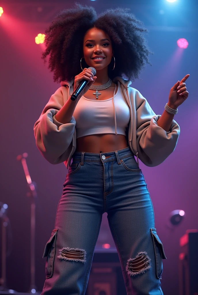 a light brown skin girl,hour glass body shape,wearing a crop hoodie cargo fit jean,holding a mic,wearing silver jewellerysmilng on stage,realistic efro hair tied into buns