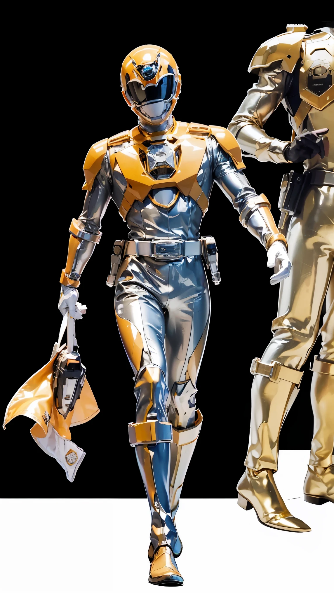 1boy, full body, Illustration, cinematic light, high resolution, best quality, ultra detailed, masterpiece, power suit, powerranger, suit, spd, (Silver and Gold chestplate), gold detail, (((white suit))), dynamic pose, Police pose, 