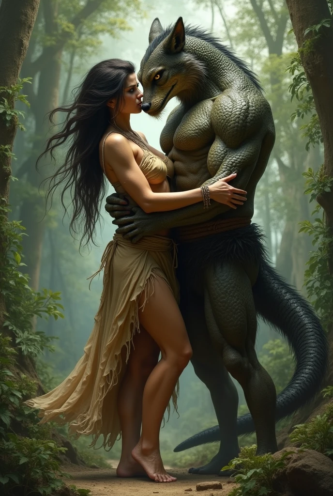 Werewolf woman in simple native dress hugging strong, scaly reptilian man with long tail