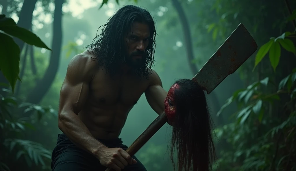 a long hair rugged Malay man, walking and holding a malay woman head in his left hand. his right hand holding a long machete. fierce face, revenge vibe. background of tropical forest. cinematic shot. horror film still. asian horror movie. evil, eerie, gore film, criminal film. 